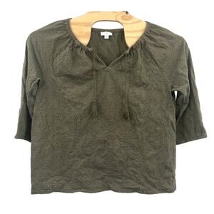 J.Jill 1X Top Womens Green Plus Size Cotton 3/4 Sleeve Floral Cutout Shirt